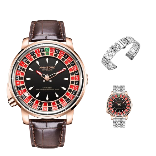 HANBORO Men's Automatic Mechanical Watch – Casino Roulette Rotating Dial, Rose Gold, Leather Strap