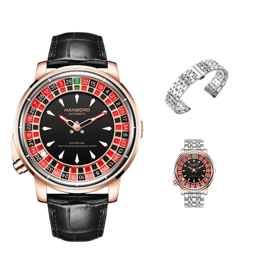 HANBORO Men's Automatic Mechanical Watch – Casino Roulette Rotating Dial, Rose Gold, Leather Strap