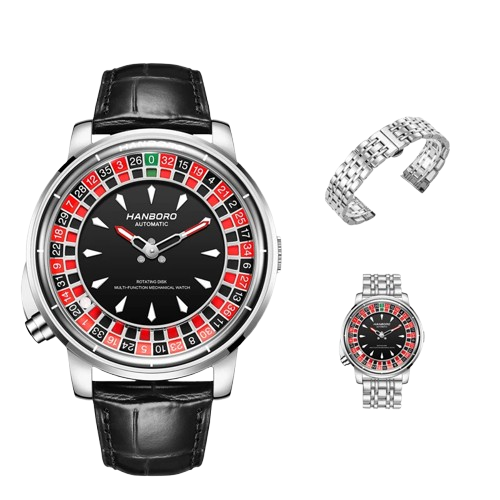HANBORO Men's Automatic Mechanical Watch – Casino Roulette Rotating Dial, Rose Gold, Leather Strap