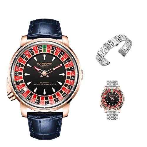 HANBORO Men's Automatic Mechanical Watch – Casino Roulette Rotating Dial, Rose Gold, Leather Strap