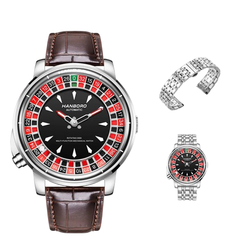 HANBORO Men's Automatic Mechanical Watch – Casino Roulette Rotating Dial, Rose Gold, Leather Strap
