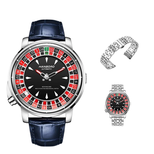 HANBORO Men's Automatic Mechanical Watch – Casino Roulette Rotating Dial, Rose Gold, Leather Strap