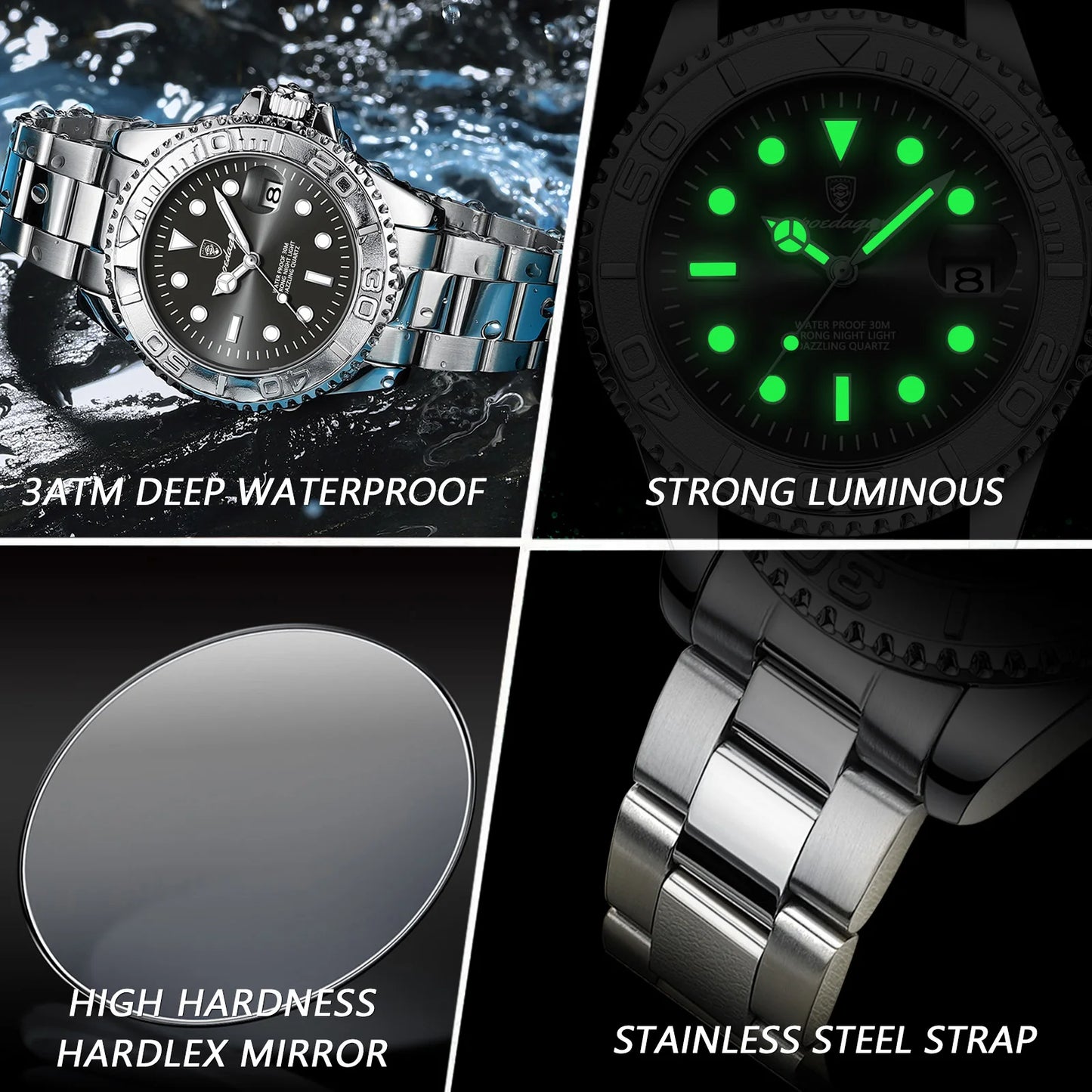 POEDAGAR Luxury  Stainless Steel Date