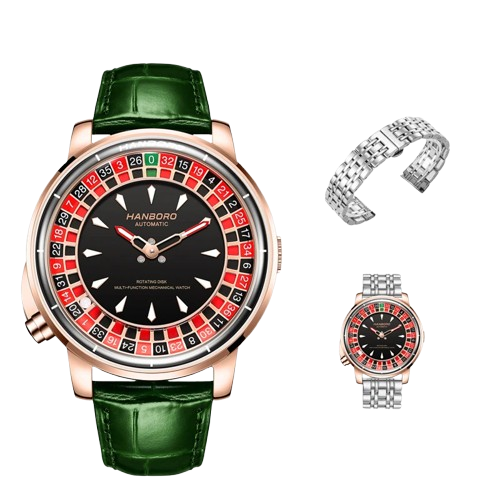 HANBORO Men's Automatic Mechanical Watch – Casino Roulette Rotating Dial, Rose Gold, Leather Strap
