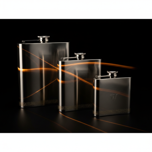 Three stainless steel hip flasks in 8oz, 10oz and 18oz on black background with gold accents